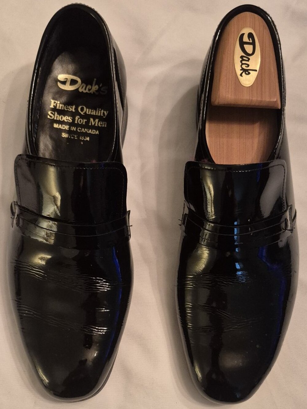 Dacks black patent tux shoes, size 10, with shoe trees